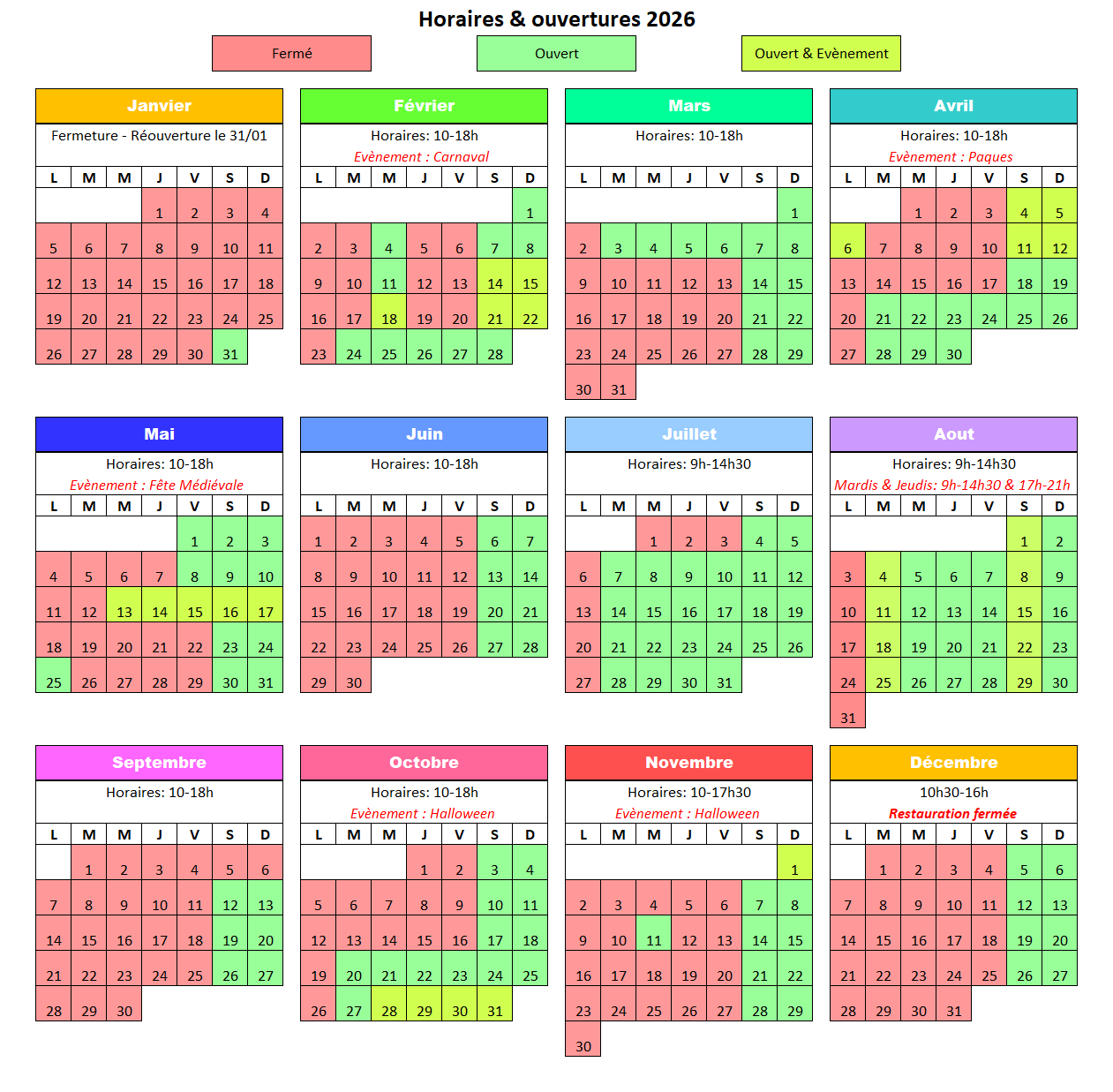 Horaires 2026 Horaires 2025